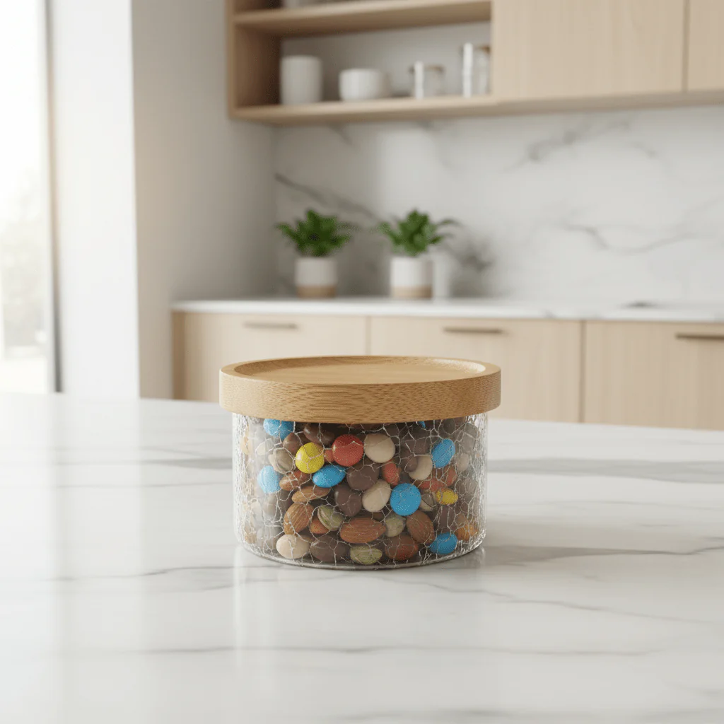 Ameco Crackle Glass Canister with Bamboo Wooden Lid – 180ml | - Image 2