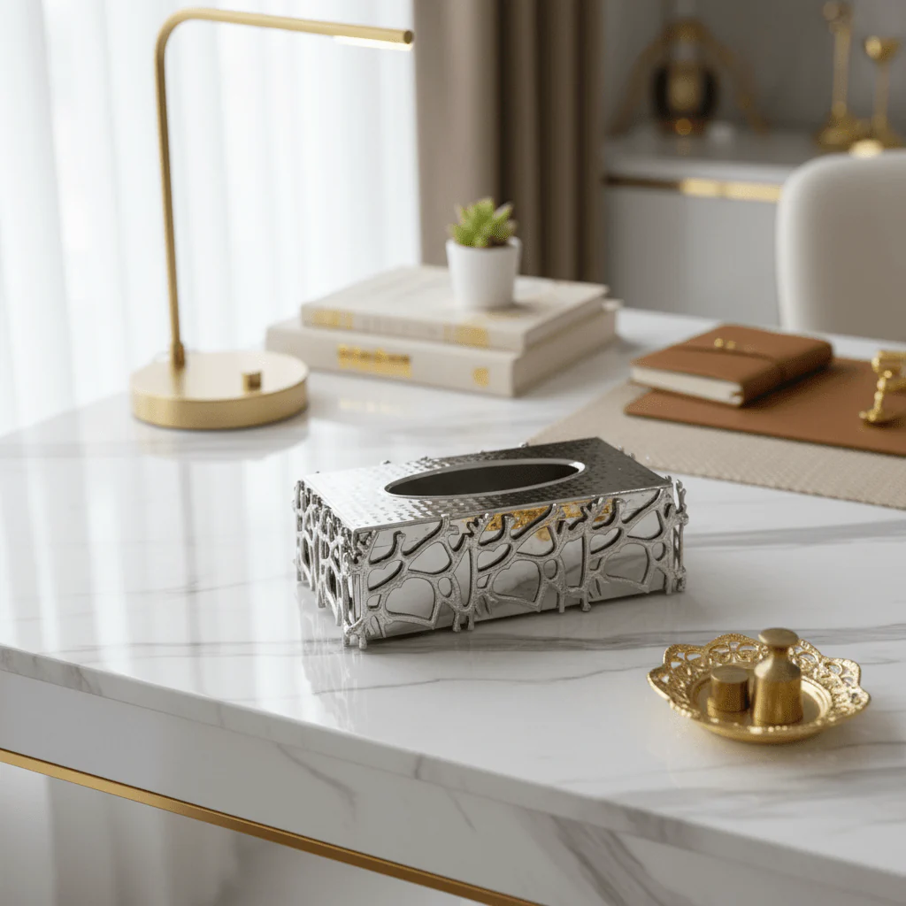 Ameco Luxury Silver Metal Tissue Box Holder with Elegant Modern Decorative Design for Home Office Majlis and Hotel Table Décor 25×13 cm - Image 4