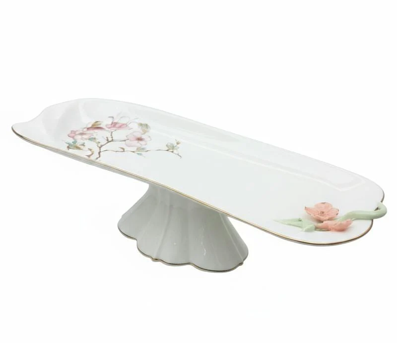 Angela Floral Grace Footed Ceramic Serving Tray – White (40×15×10 cm)
