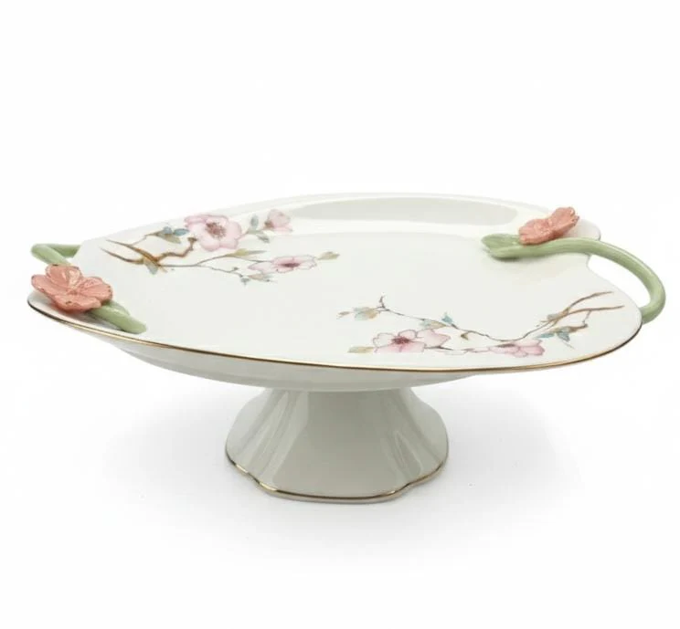 Angela Floral Premium Footed Ceramic Fruit Serving Plate – White (29×12 cm)