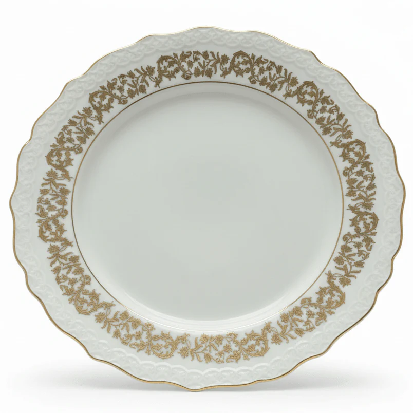 Angela Porcelain Dinner Plate 25 cm – White with Gold Floral Border Design, Luxury Porcelain Plate