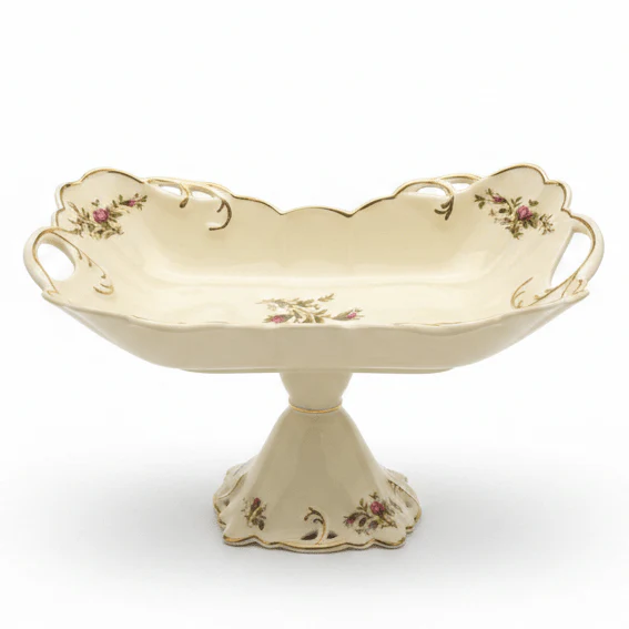 Angela Premium Footed Cream Ceramic Fruit Serving Bowl with Floral Design 28×13 cm Elegant Centerpiece