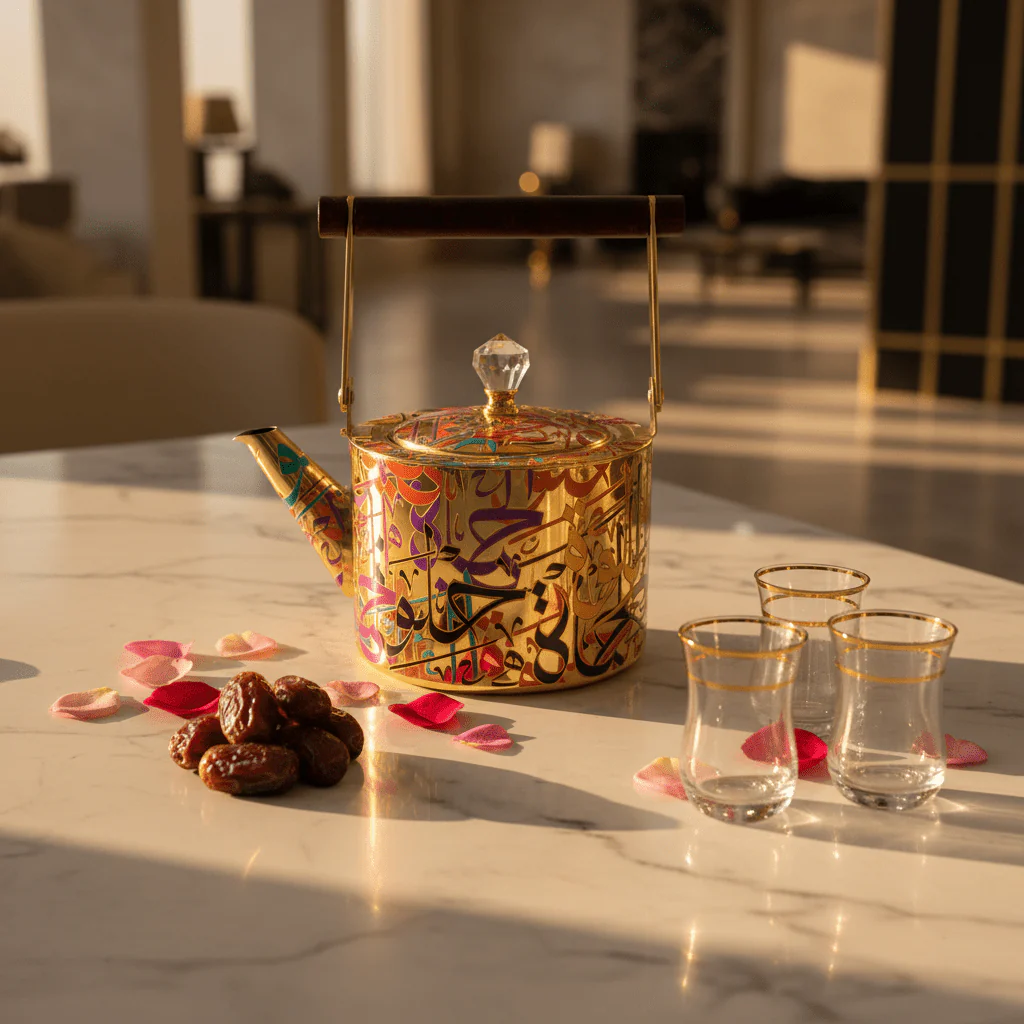 Arabic Calligraphy Gold Metal Tea Kettle | Elegant Wooden Handle & Crystal Lid | 1 Litre / 1.5 Litre   | Premium Majlis Hospitality Gift - Image 2