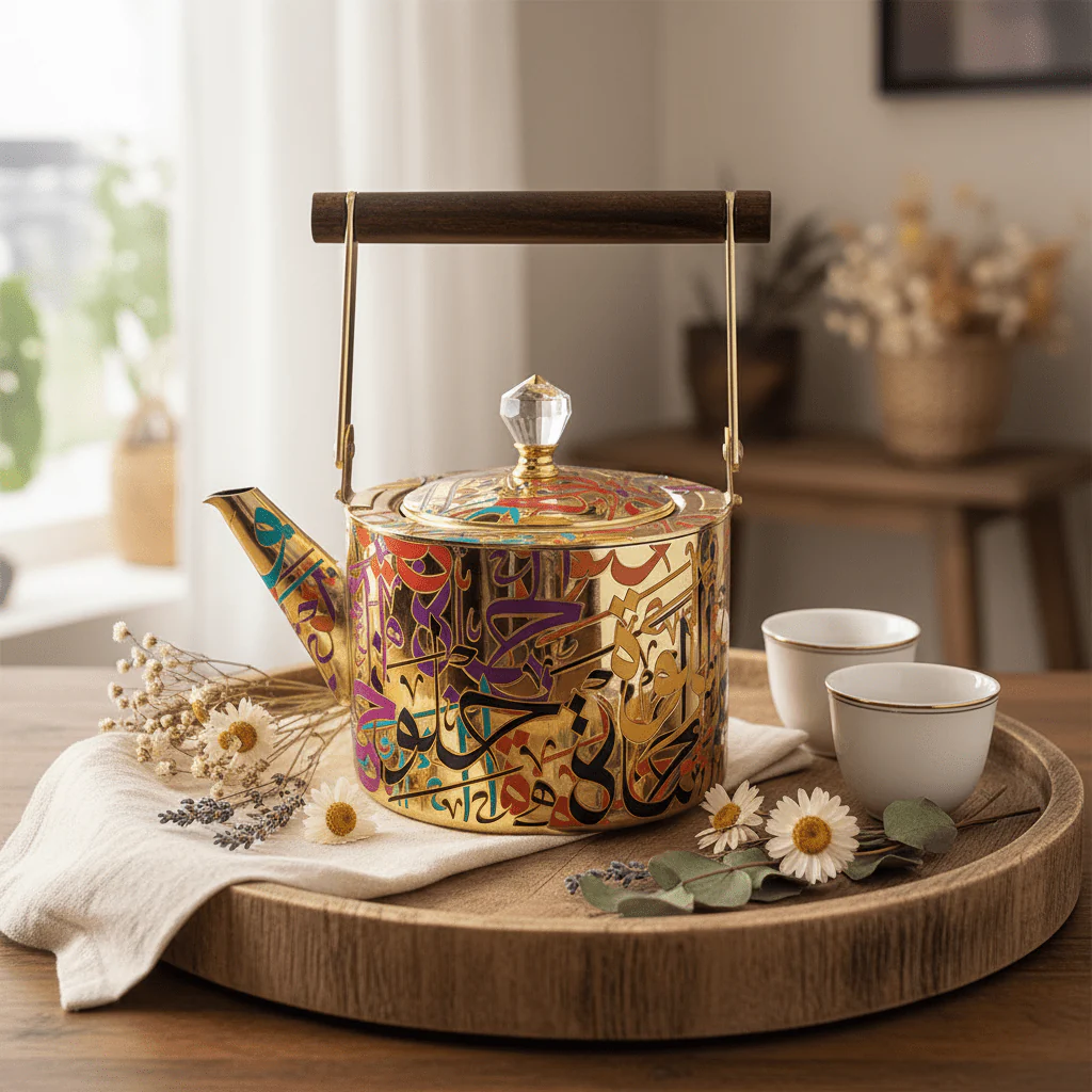 Arabic Calligraphy Gold Metal Tea Kettle | Elegant Wooden Handle & Crystal Lid | 1 Litre / 1.5 Litre   | Premium Majlis Hospitality Gift - Image 3