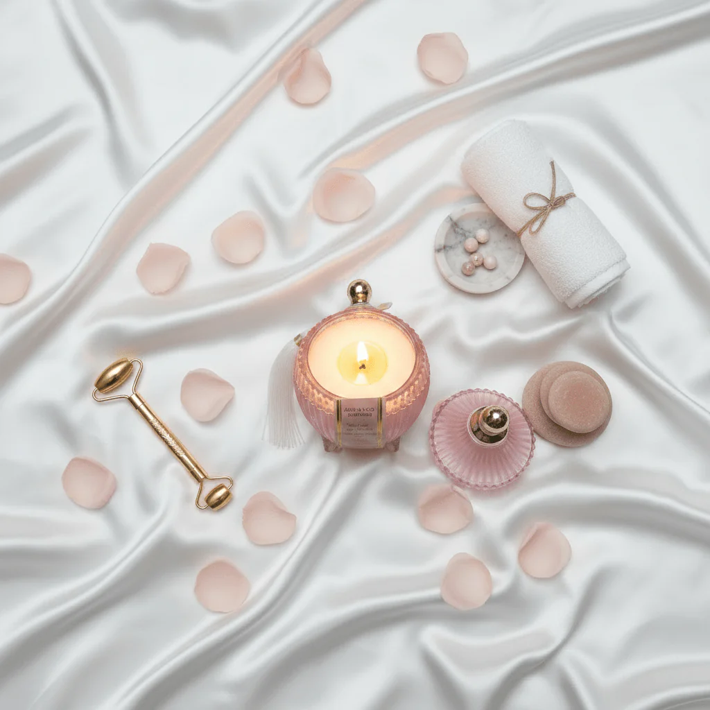AURA+CO Luxury Scented Candle | Glass Jar with Lid | 12-Hour Burn Time | 10×10cm | Rose Petals & Jasmine / French Vanilla - Image 2