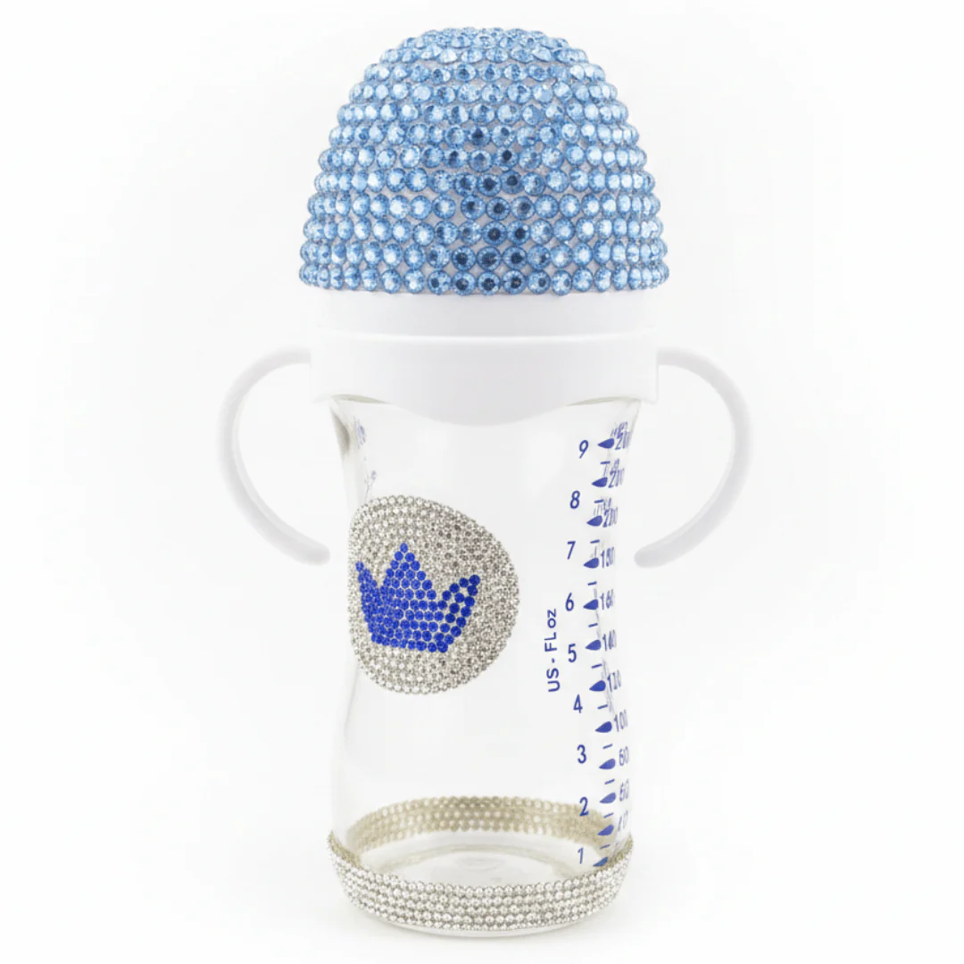 Crystal Crown Baby Glass Feeding Bottle – 240ml | Blue Diamond Edition