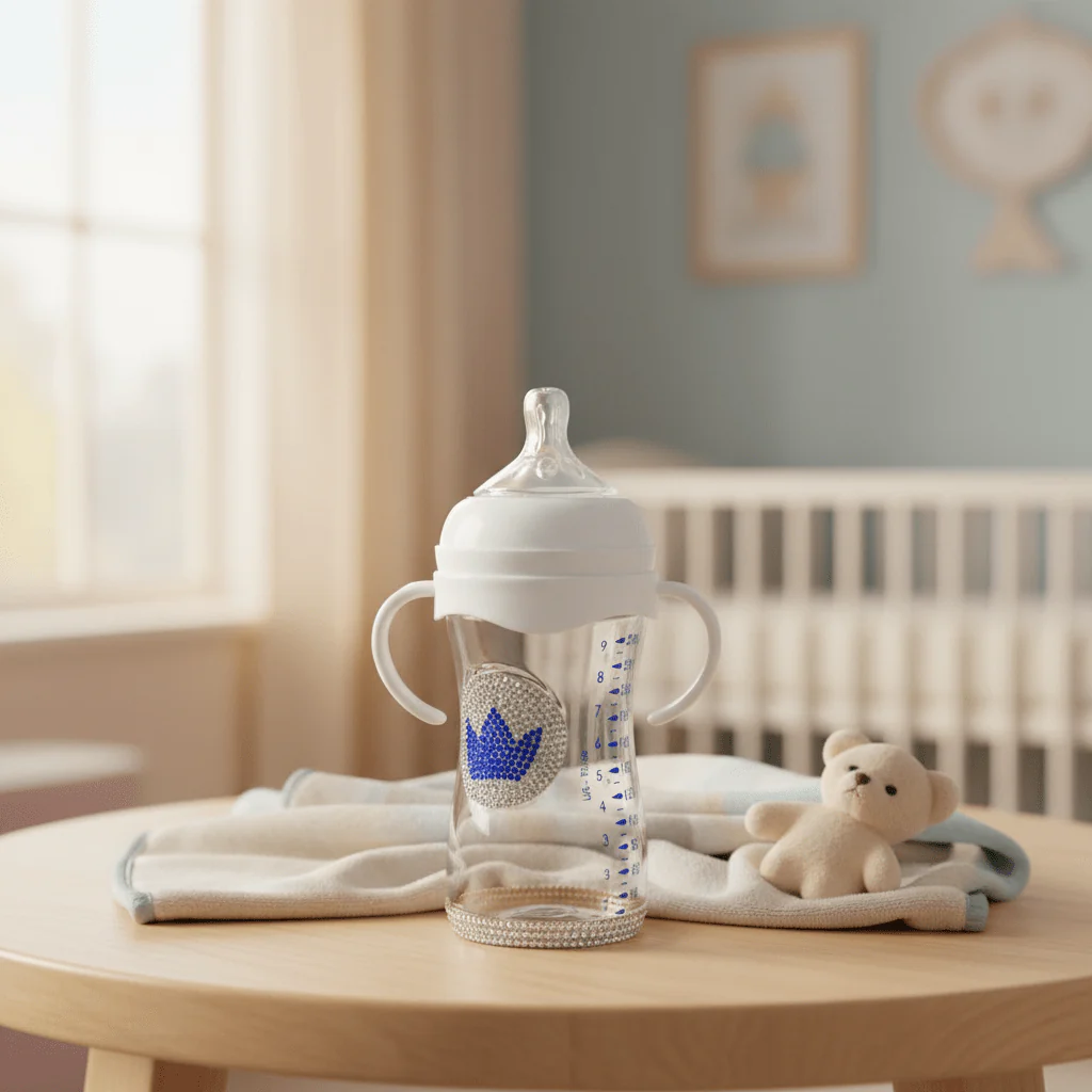 Crystal Crown Baby Glass Feeding Bottle – 240ml | Blue Diamond Edition - Image 3