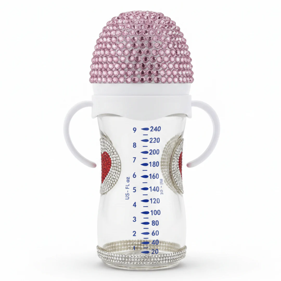 Crystal Crown Baby Glass Feeding Bottle – 240ml | Pink Diamond Edition