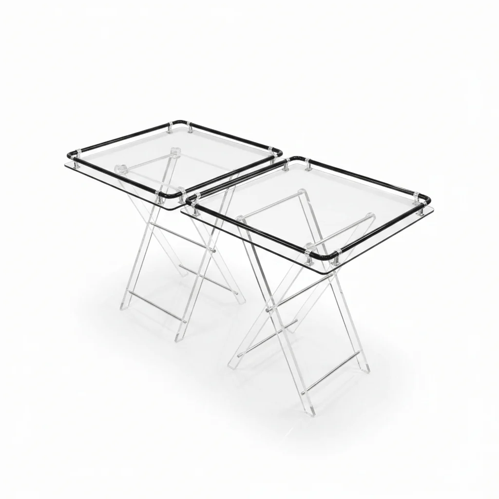 Bait Al Crystal Contemporary Clear Acrylic Folding Table Set with Black Tubular Rail and Silver Bracket Detailing Stylish 4-Piece Set 50x50x40 cm - Image 2