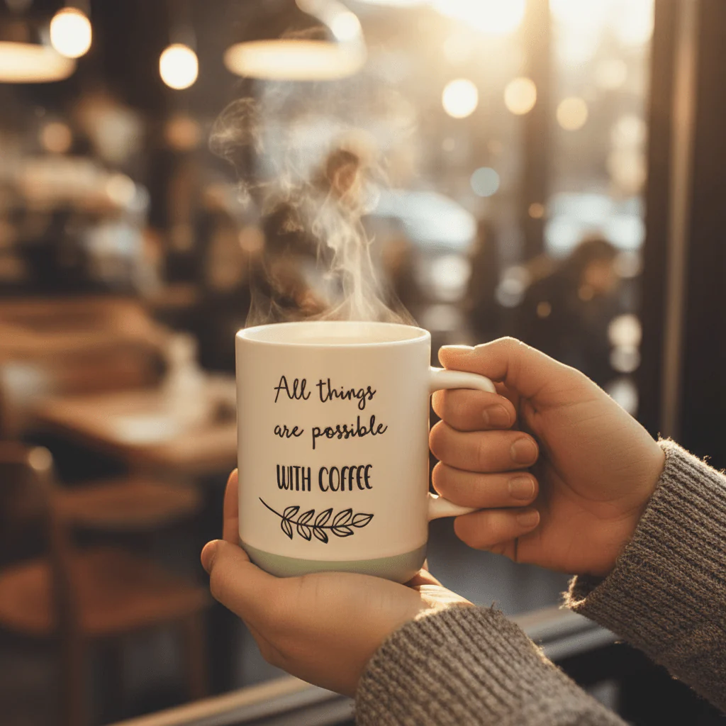 Baytix "All Things Are Possible With Coffee" White & Sage Green Ceramic Mug | 400ml - Image 3