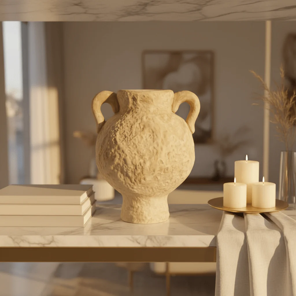 Beige Ceramic Amphora Vase 23cm | Rustic Textured Double-Handle Decorative Vase for Home, Majlis & Event Styling - Image 3