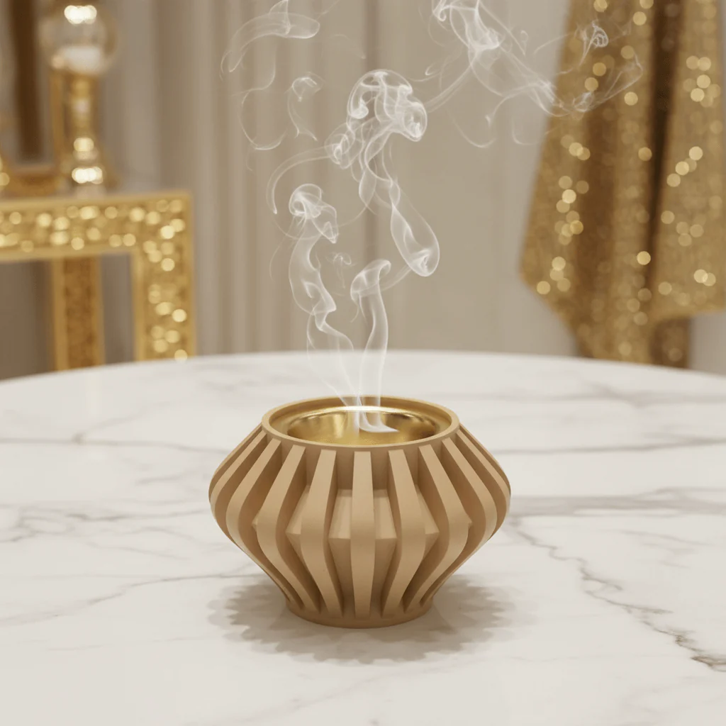 Beige Chalk Incense Burner with Gold Brass Insert — Ribbed Geometric Design | 7cm - Image 2