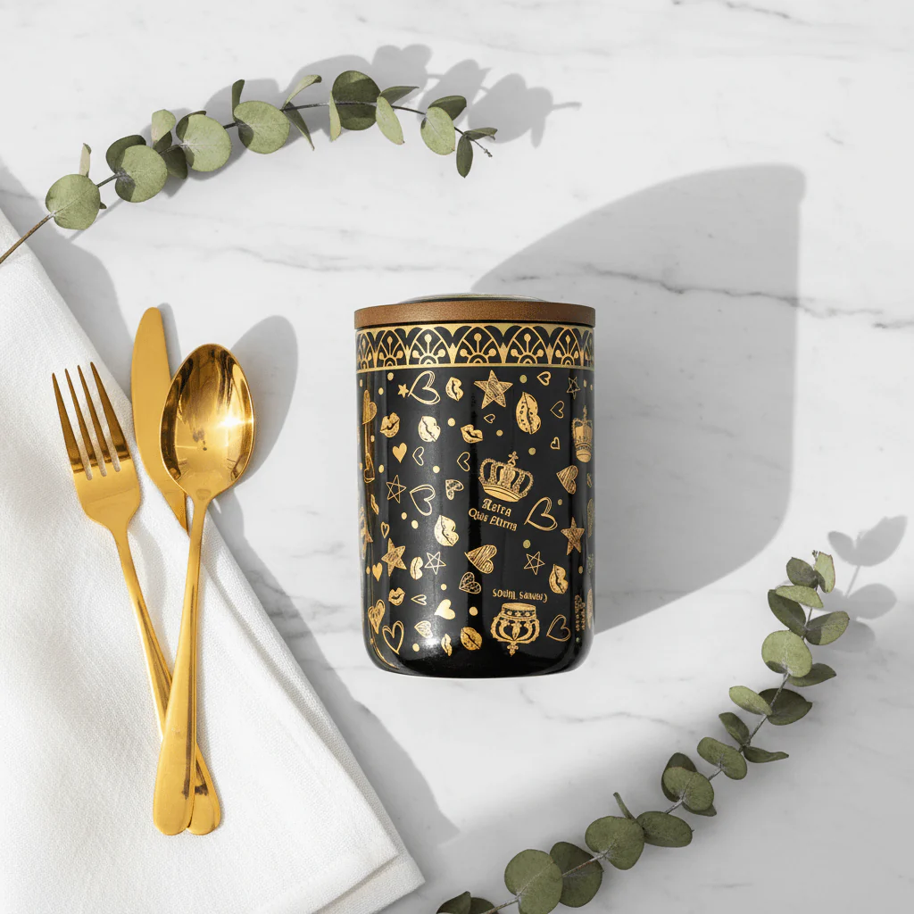 Black & Gold Royal Ceramic Canister with Wooden Lid | 15×10cm | Luxury Storage Jar - Image 3