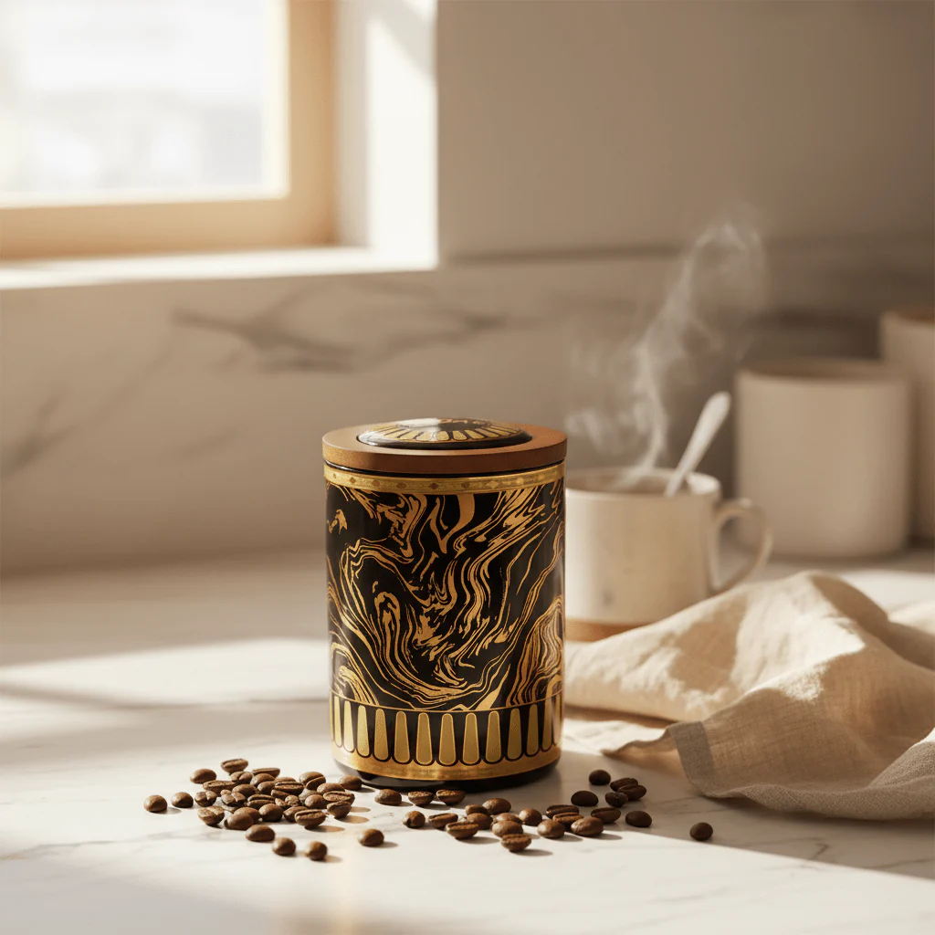 Black & Gold Marble Ceramic Canister with Wooden Lid | 15×10cm | Premium Kitchen Storage - Image 2
