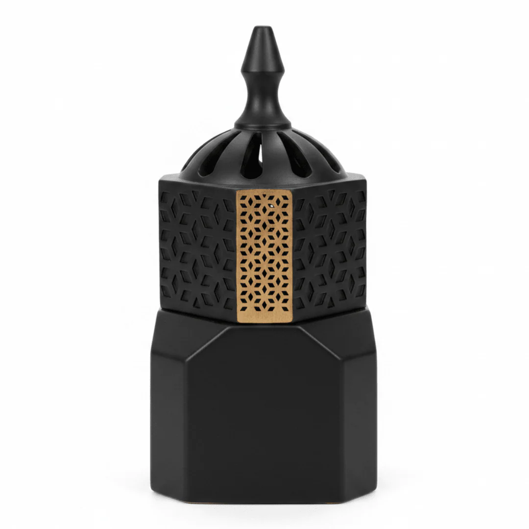 Black Ceramic Incense Burner — Hexagonal Bakhoor Mabkhara | 14cm