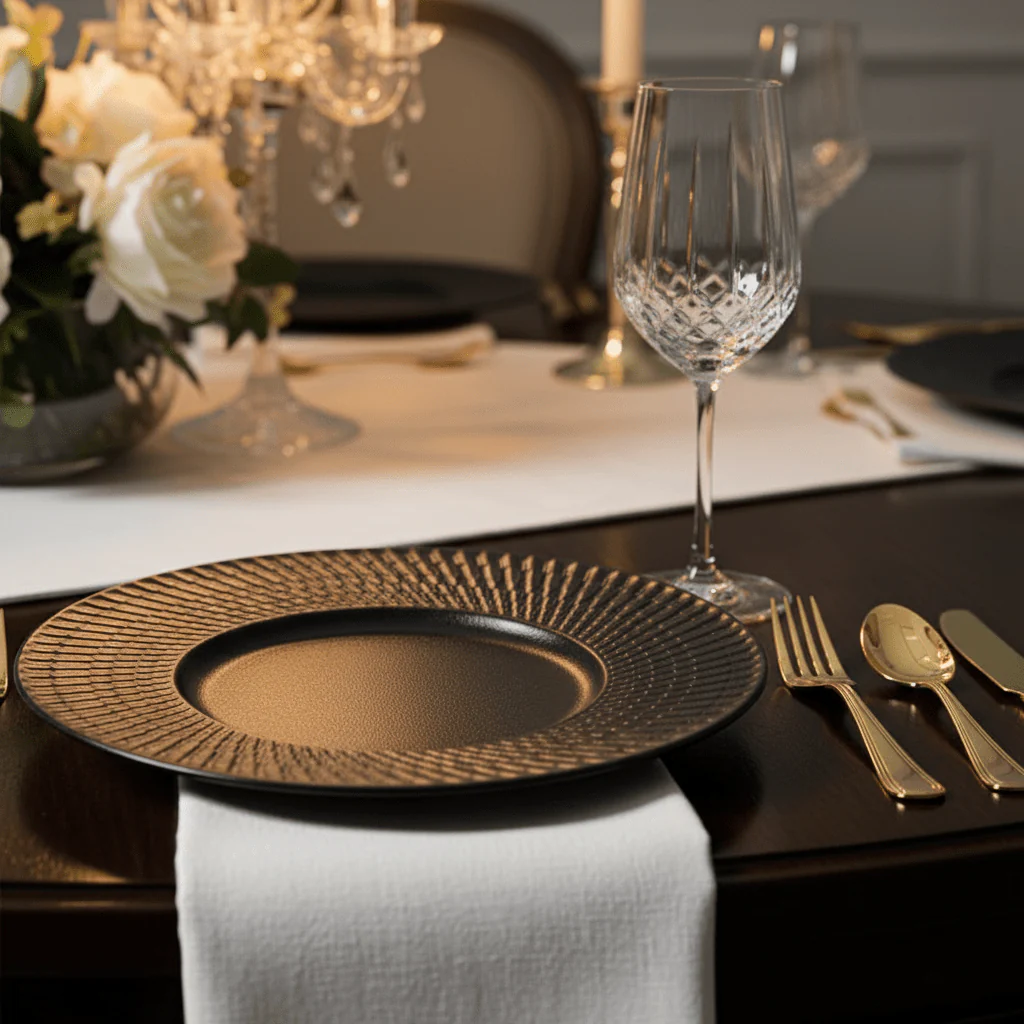 Black Ceramic Round Charger Plate with Embossed Radial Rim – 8.5 Inch - Image 2