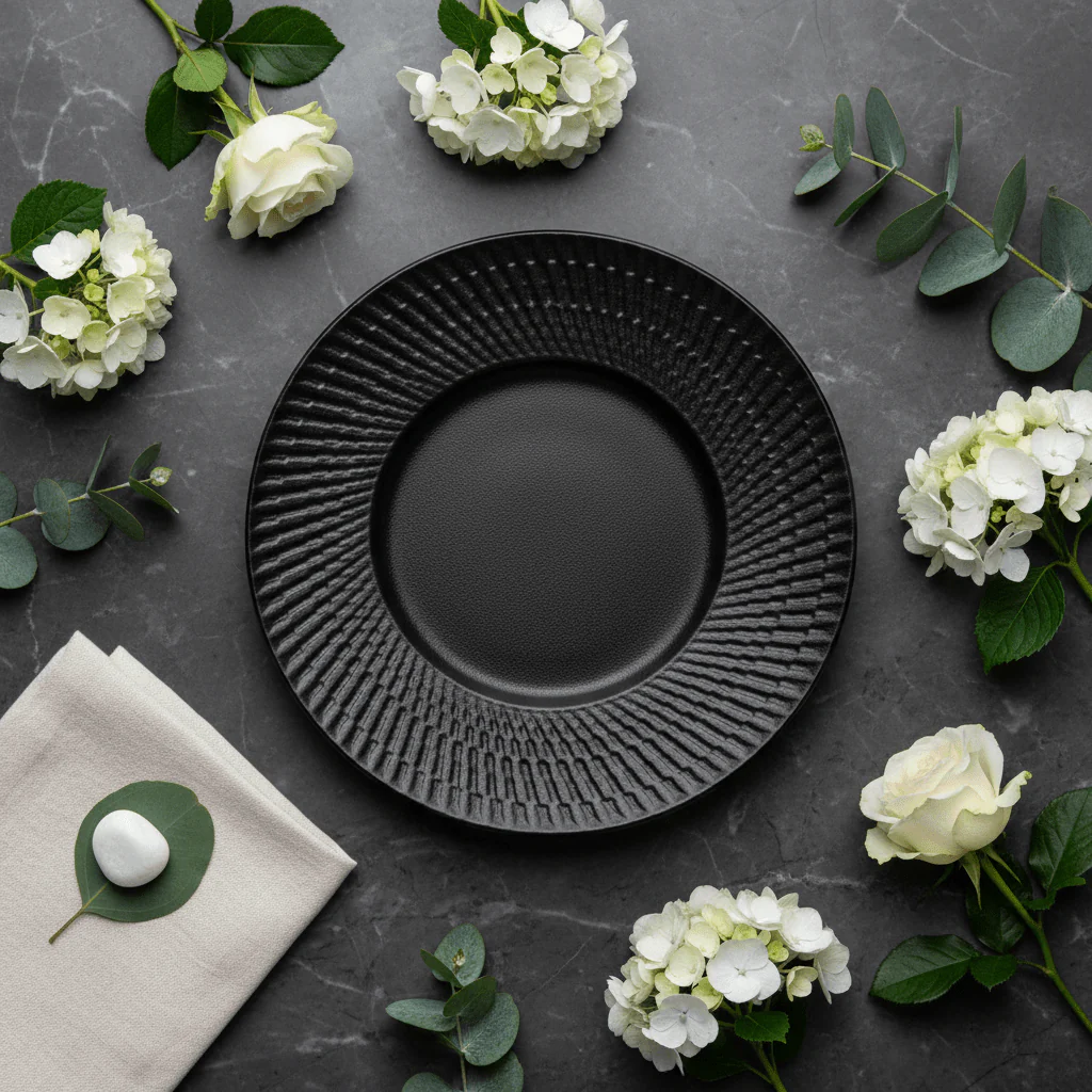Black Ceramic Round Charger Plate with Embossed Radial Rim – 8.5 Inch - Image 4