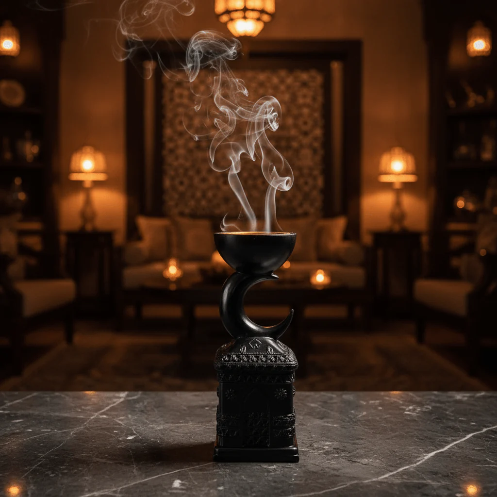 Black Chalk Incense Burner with Crescent Moon Stand | 22cm | Luxury Arabic Bakhoor Holder - Image 2