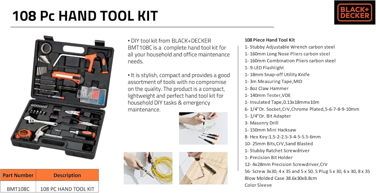 Black & Decker 108 Pieces Hand Tool Kitfor Home & Office Orange/Black BMT108C - Image 6