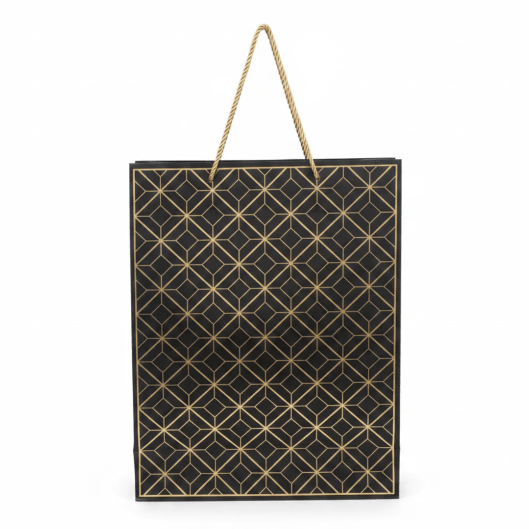 Black & Gold Geometric Paper Gift Bag – 40×30cm | Premium Foil Pattern with Twisted Rope Handles |