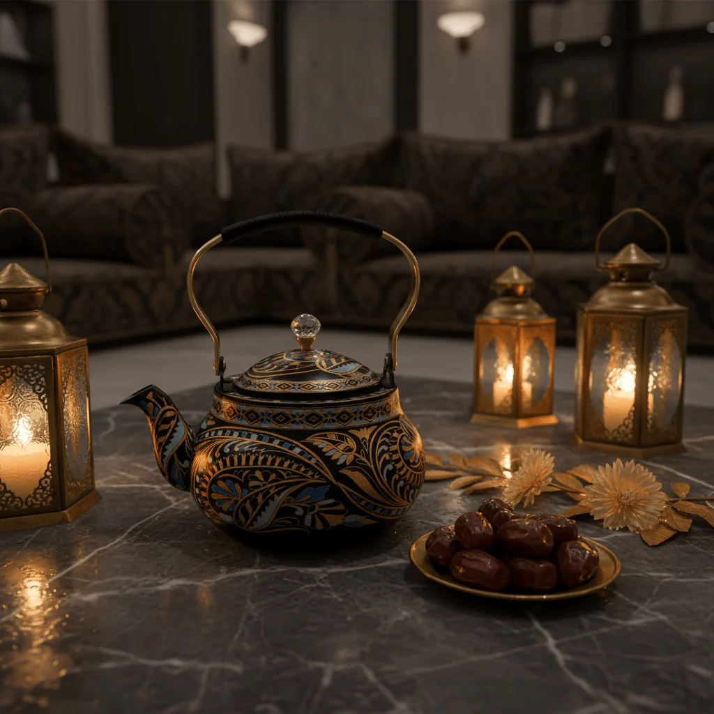 Black & Gold Ornate Metal Tea Kettle 1.5L | Elegant Crystal Knob Lid | Luxury Arabic Hospitality Teapot with Floral Paisley Design - Image 2