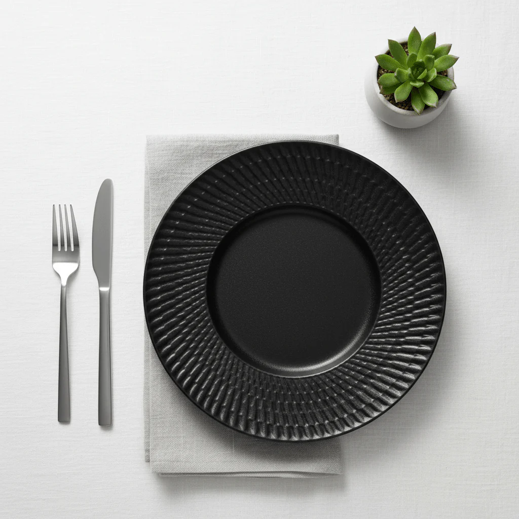 Black Ceramic Round Dinner Plate with Embossed Radial Rim – 10.5 Inch - Image 2
