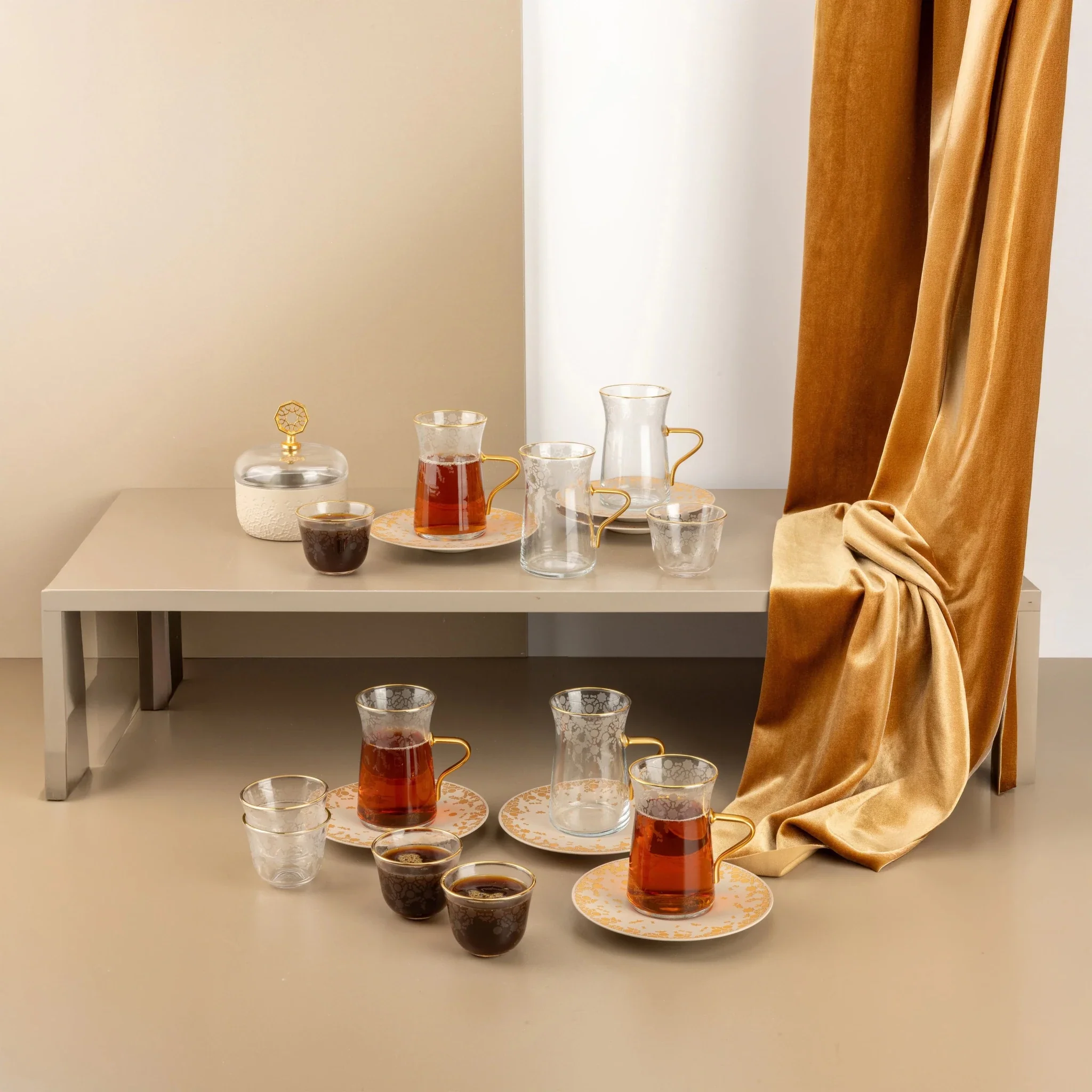 Otantik Nourhan 19-Piece Arabic Tea And Coffee Set - Matte Gold + Beige 150CC