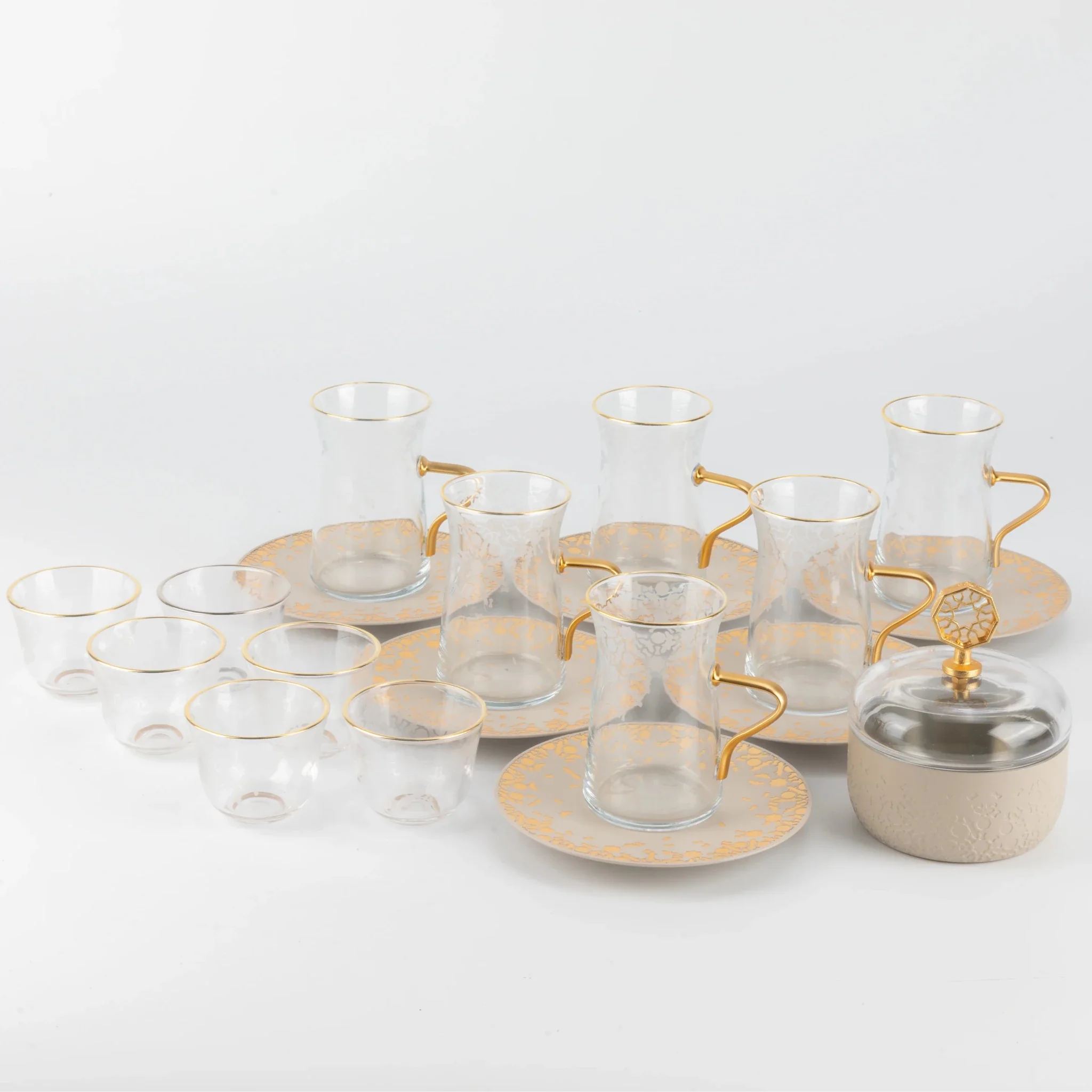 Otantik Nourhan 19-Piece Arabic Tea And Coffee Set - Matte Gold + Beige 150CC - Image 2