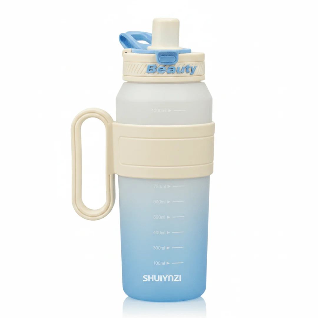 Shuiyinzi "Beauty" Sports Water Bottle – 1200ml | Blue & Cream | BPA-Free Flip-Top with Straw