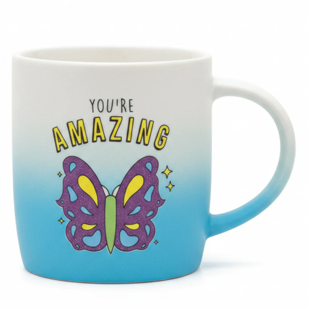You're Amazing Blue & White Ombre Ceramic Mug with Butterfly Design — 350ml