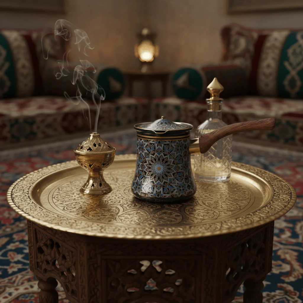 Blue & Black Decorative Metal Coffee Warmer with Mosaic Islamic Geometric Pattern, Wooden Handle & Lid – 400ml - Image 3