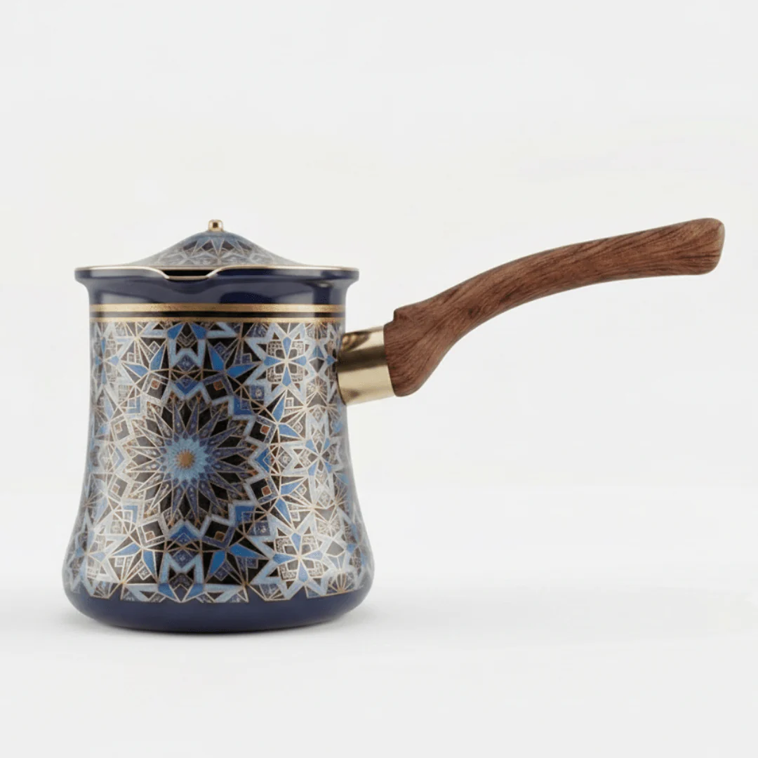 Blue & Black Decorative Metal Coffee Warmer with Mosaic Islamic Geometric Pattern, Wooden Handle & Lid – 400ml