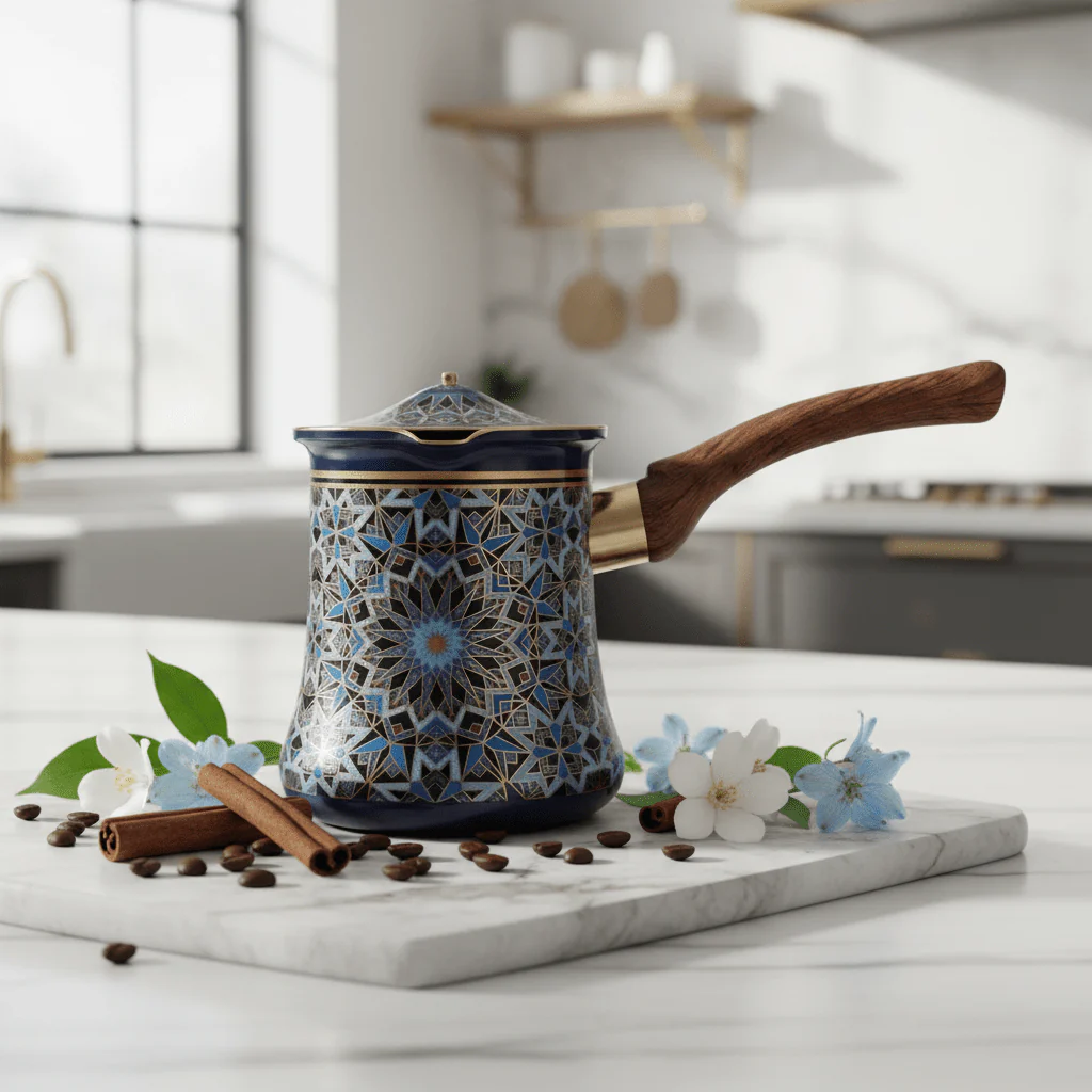 Blue & Black Decorative Metal Coffee Warmer with Mosaic Islamic Geometric Pattern, Wooden Handle & Lid – 600ml - Image 3
