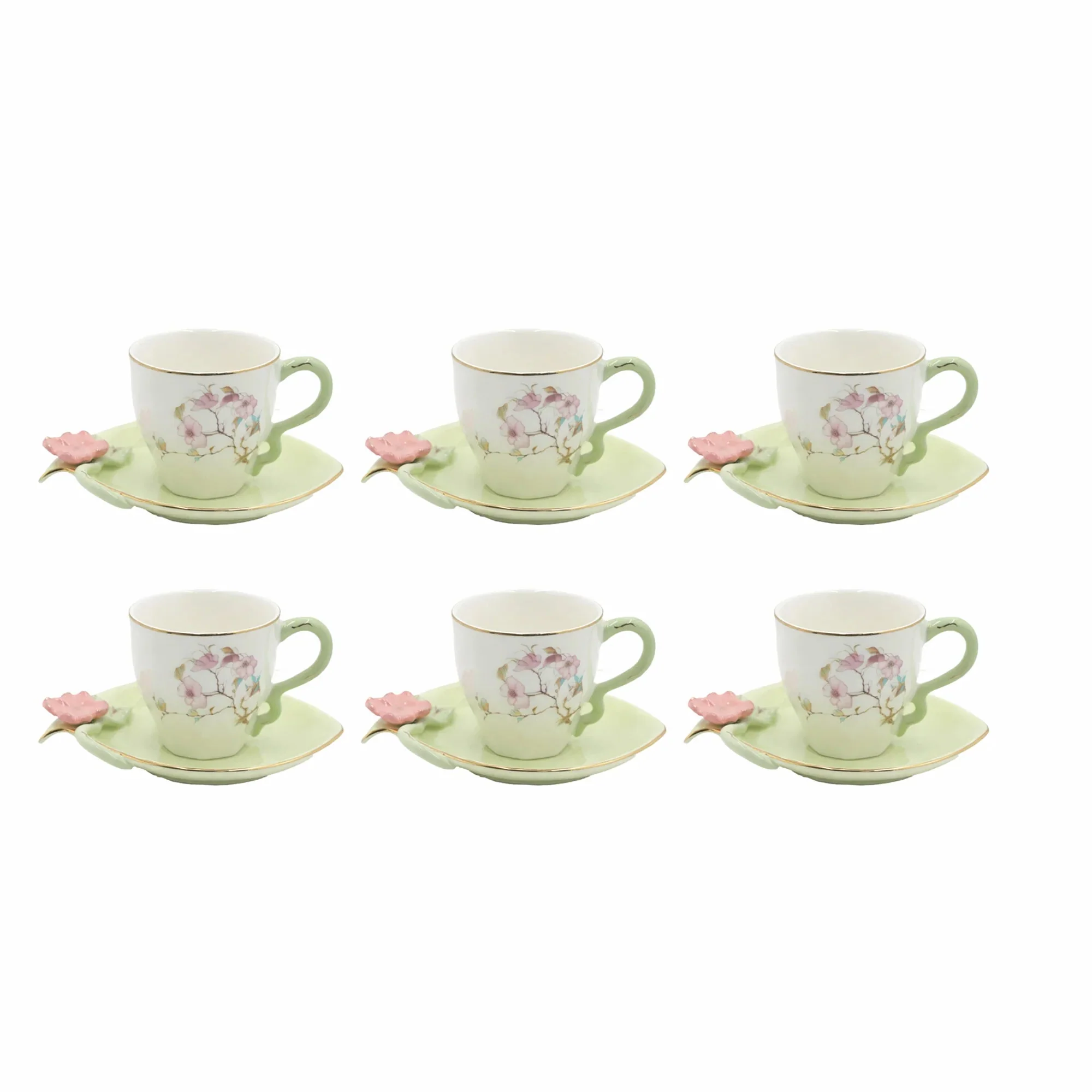 Angela BRD-435 Turkish Coffee Cup with Saucer Set – 12 Pieces – Mint Green Floral Design with Gold Rim