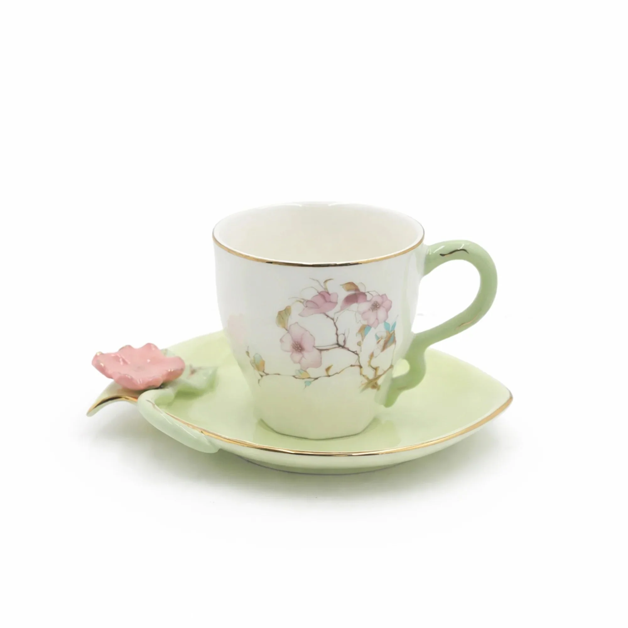 Angela BRD-435 Turkish Coffee Cup with Saucer Set – 12 Pieces – Mint Green Floral Design with Gold Rim - Image 2