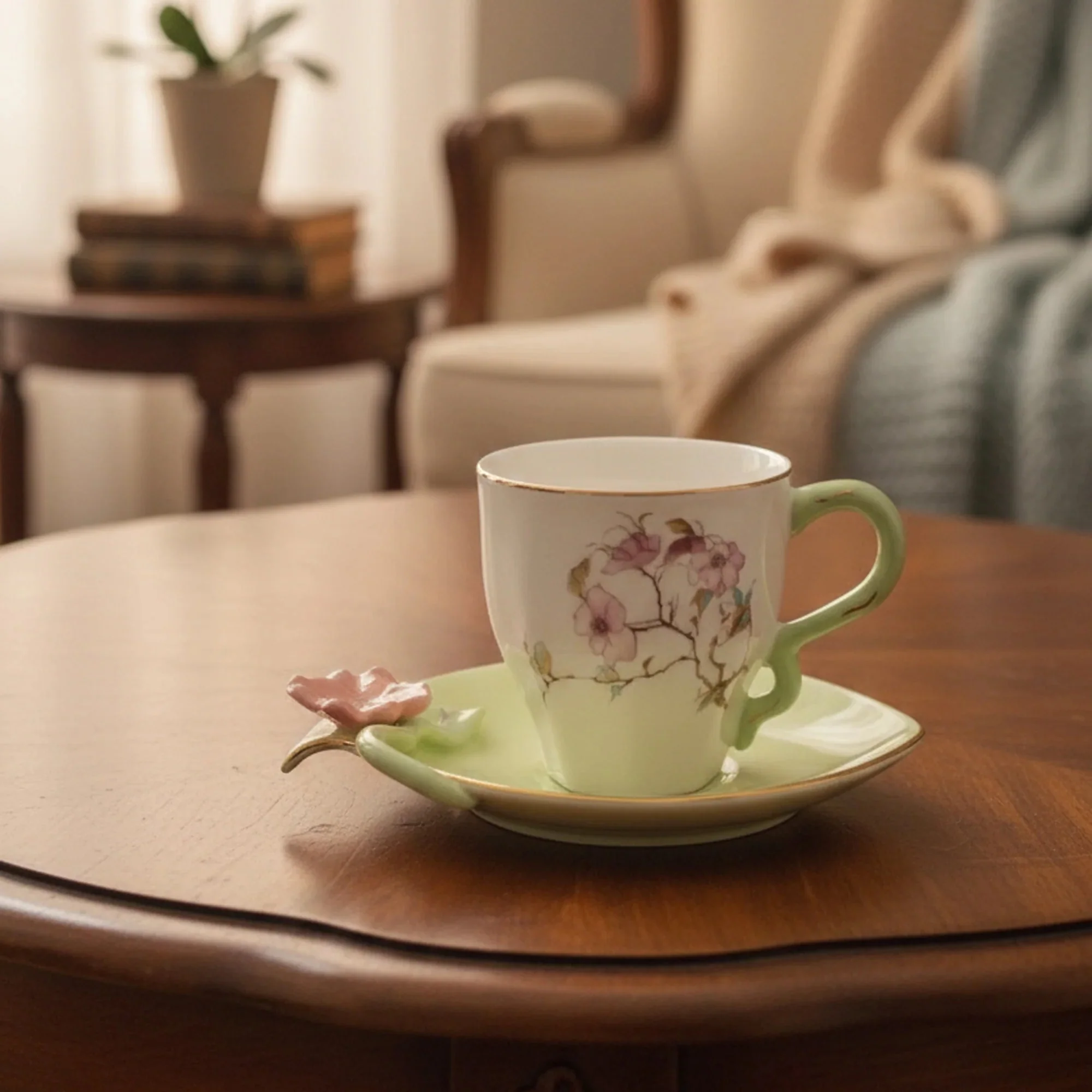 Angela BRD-435 Turkish Coffee Cup with Saucer Set – 12 Pieces – Mint Green Floral Design with Gold Rim - Image 3