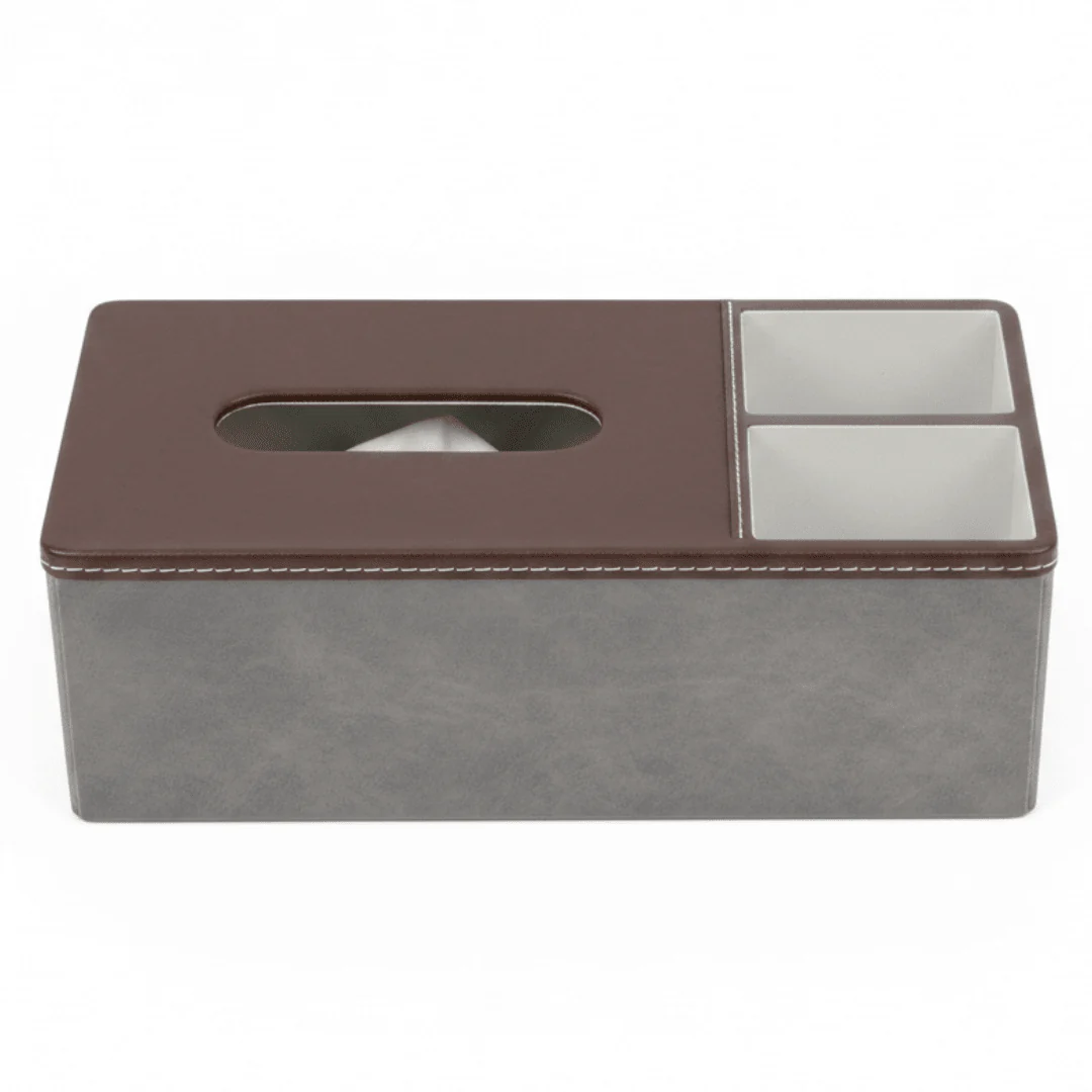 Premium Leather-Look Tissue Box with Organizer Compartments | Brown & Grey | 29×13×10 cm