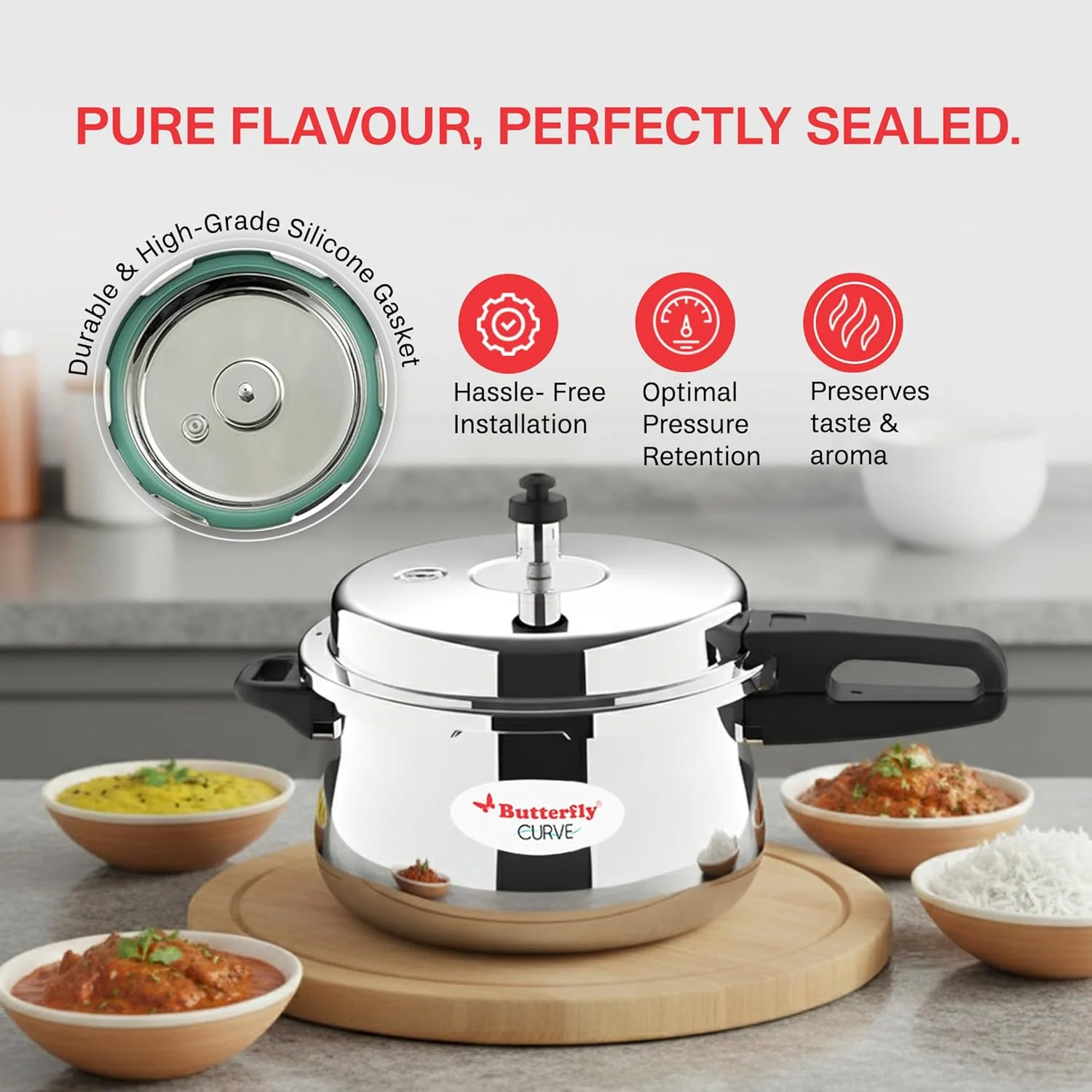 Butterfly 5.5L Stainless Steel Curve Pressure Cooker – Heavy Duty Design - Image 3