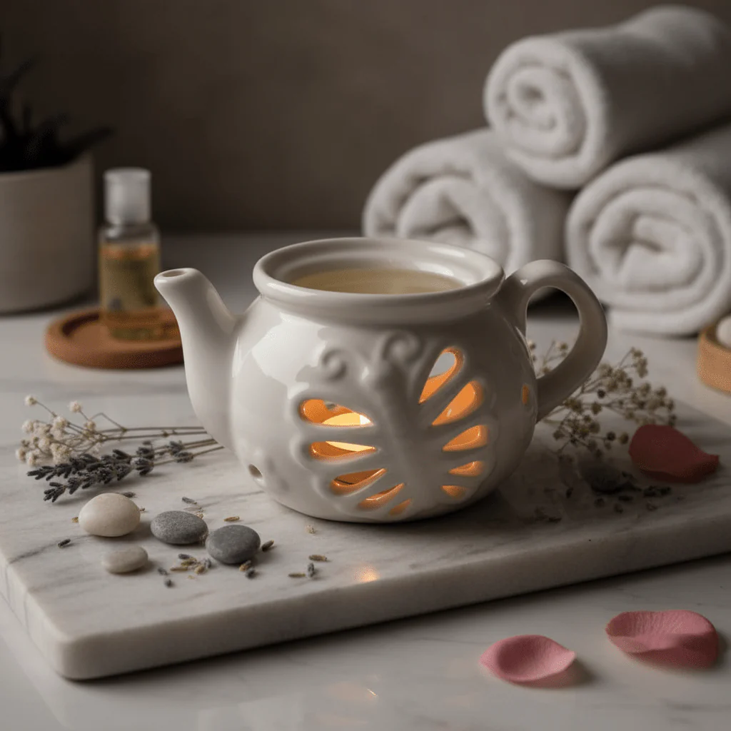 Ceramic Oil Burner Classic Teapot Design 7×7 cm - White / Blue - Image 2