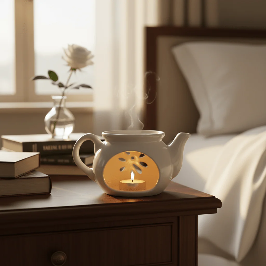 Ceramic Oil Burner Classic Teapot Design 7×7 cm - White / Blue - Image 3