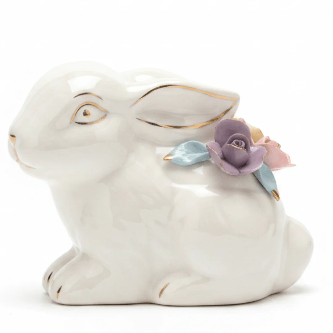Charming White Ceramic Rabbit Table Accent with Colourful Flower Design for Modern Interiors – 10×12cm