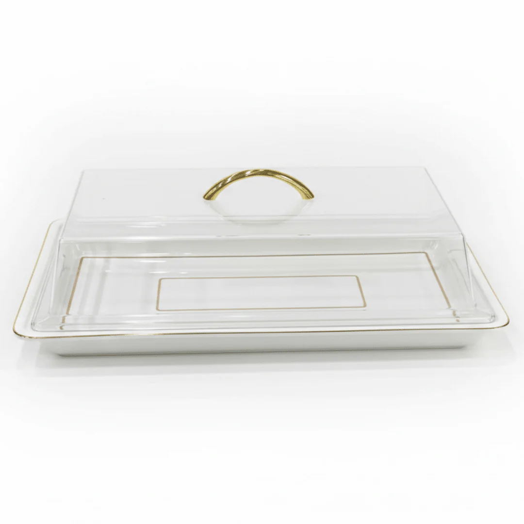 Christian Verucci Rectangle Off-White Ceramic Flat Plate with Clear Acrylic Cover & Handle – 19.25 Inch |