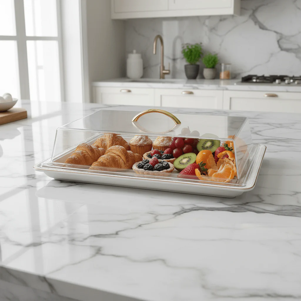 Christian Verucci Rectangle Off-White Ceramic Flat Plate with Clear Acrylic Cover & Handle – 19.25 Inch | - Image 3