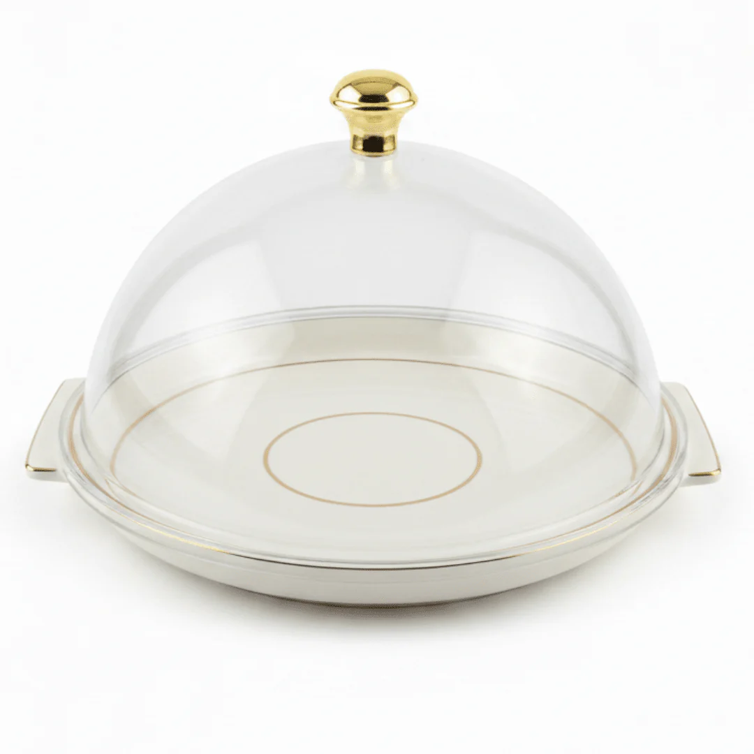 Christian Verucci Round Off-White Flat Plate with Clear Acrylic Dome Cover | Gold Knob Handle | 11.5 Inch | Elegant Serving Platter for Dates, Sweets & Pastries | Ideal for Majlis, Dining & Gifting