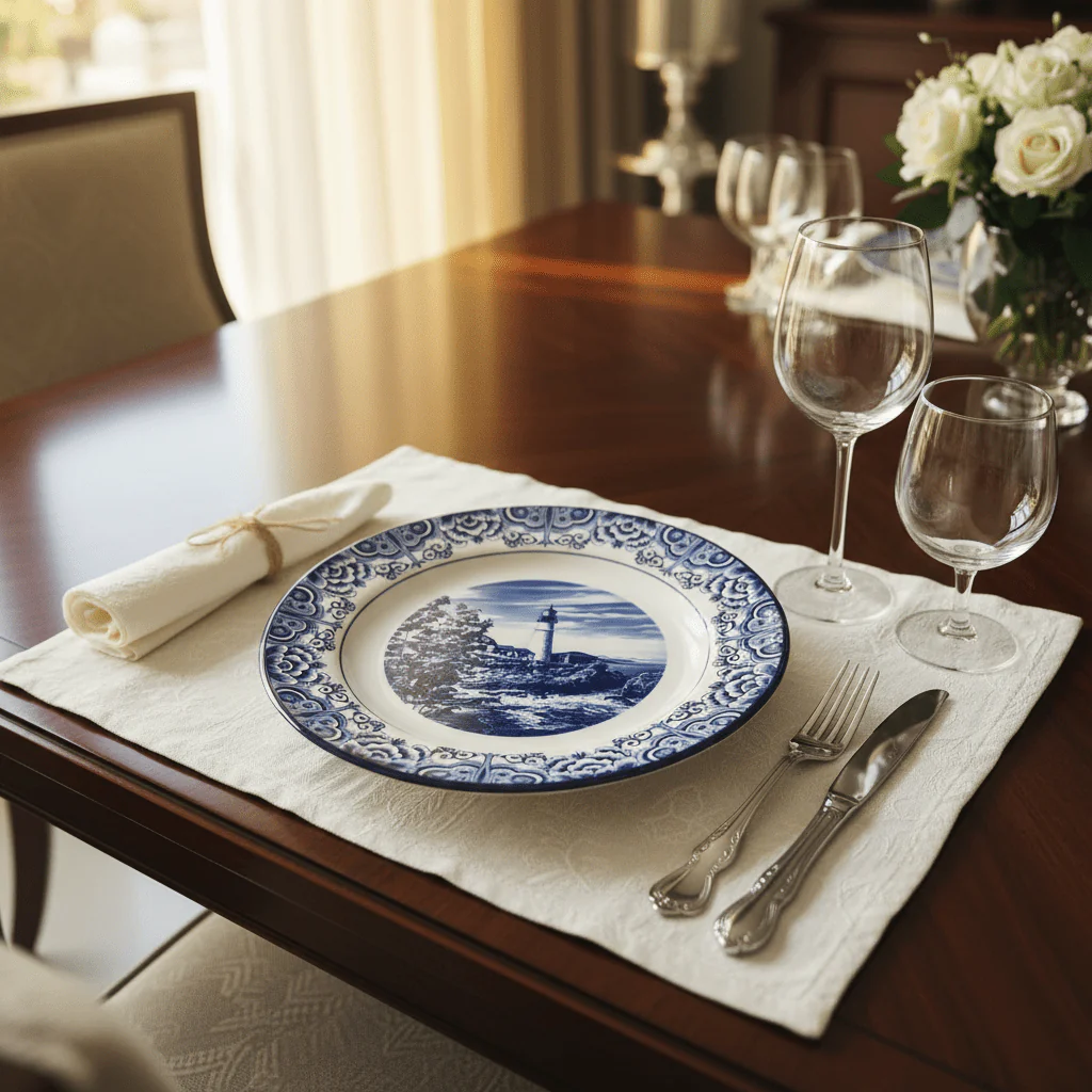 Claytan Lighthouse Coastal Ceramic Dinner Plate – 10.2 inch (White & Blue) - Image 2