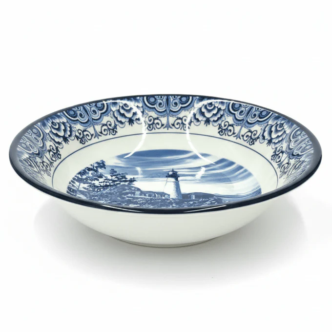 Claytan Lighthouse Coastal Ceramic Serving Bowl – 9.3 inch (White & Blue)