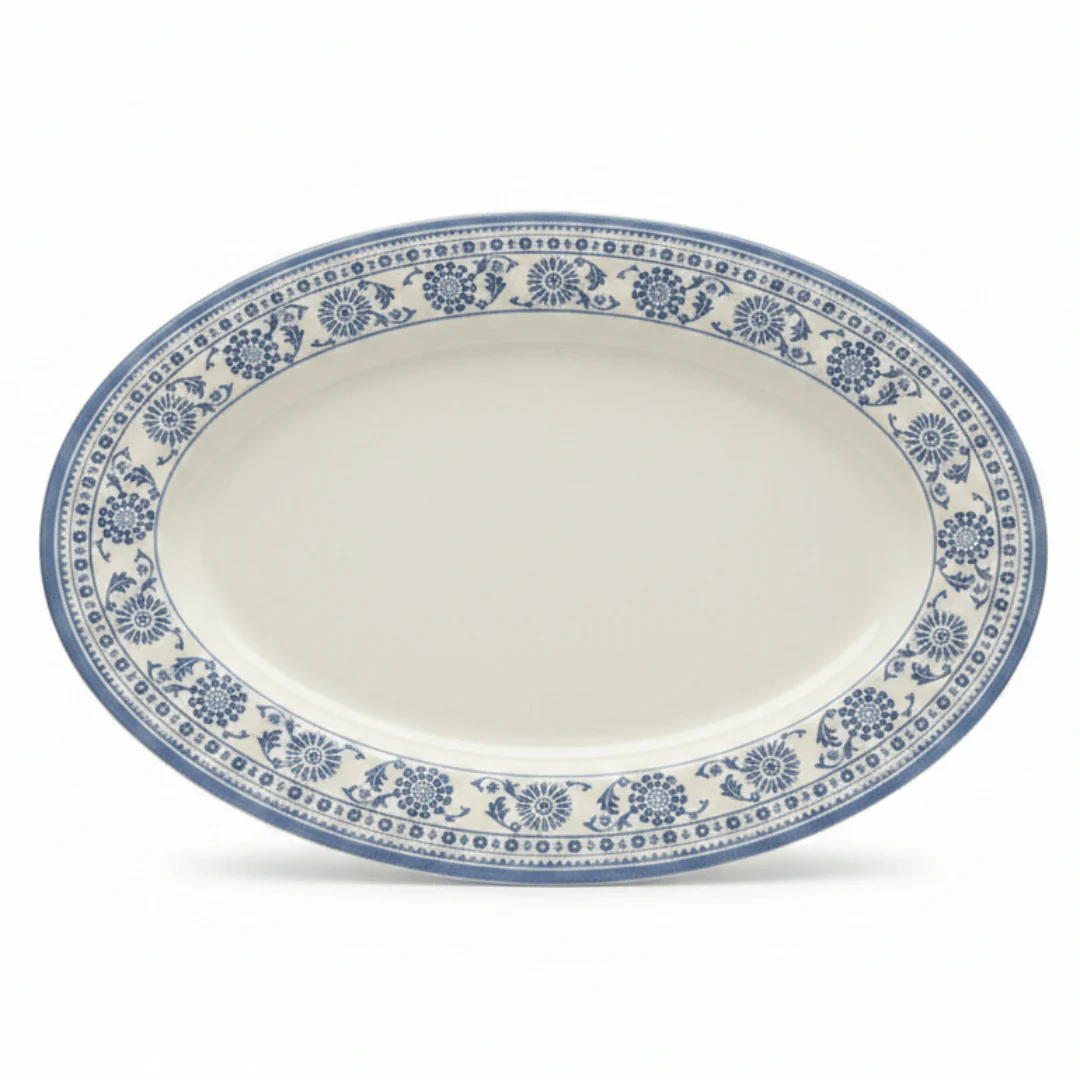 Claytan Off-White Oval Ceramic Platter with Light Blue Floral Design - 14.2 Inch