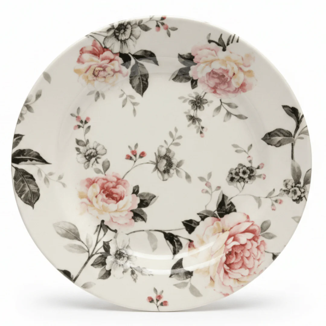 Claytan Off-White Round Ceramic Salad Plate with Floral Design - 8.1 Inch