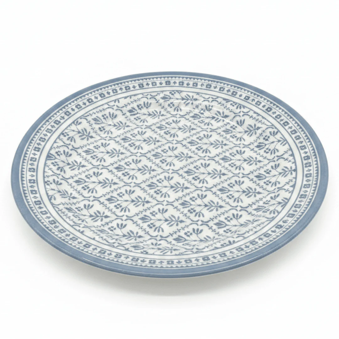Claytan White Round Ceramic Salad Plate with Light Blue Floral Design - 8.2 Inch