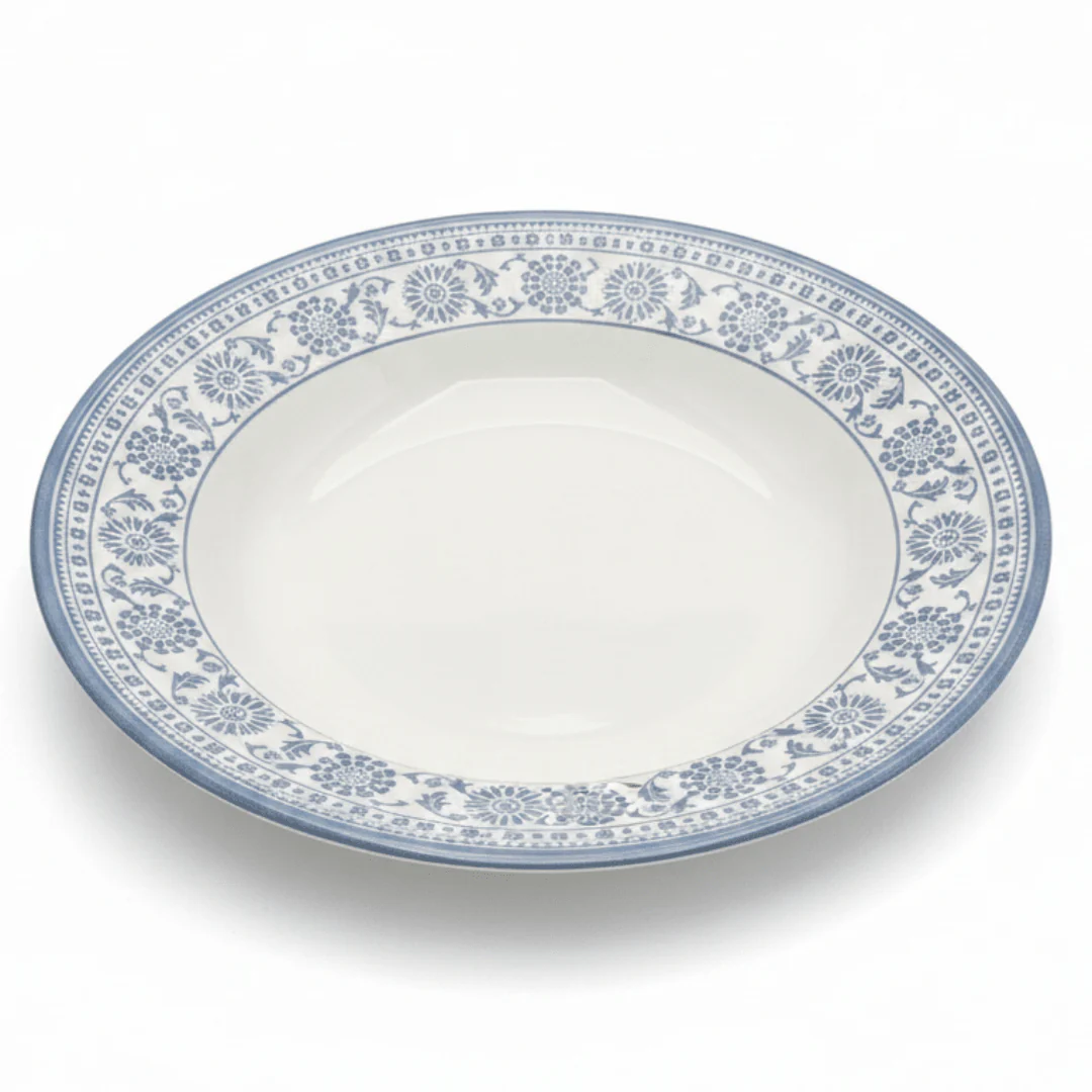 Claytan White Round Ceramic Soup Plate with Light Blue Floral Design - 9.1 Inch